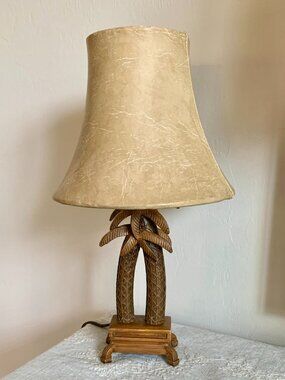 Vintage Tropical Double Palm Tree Table/Counter Top Lamp with Original Shade